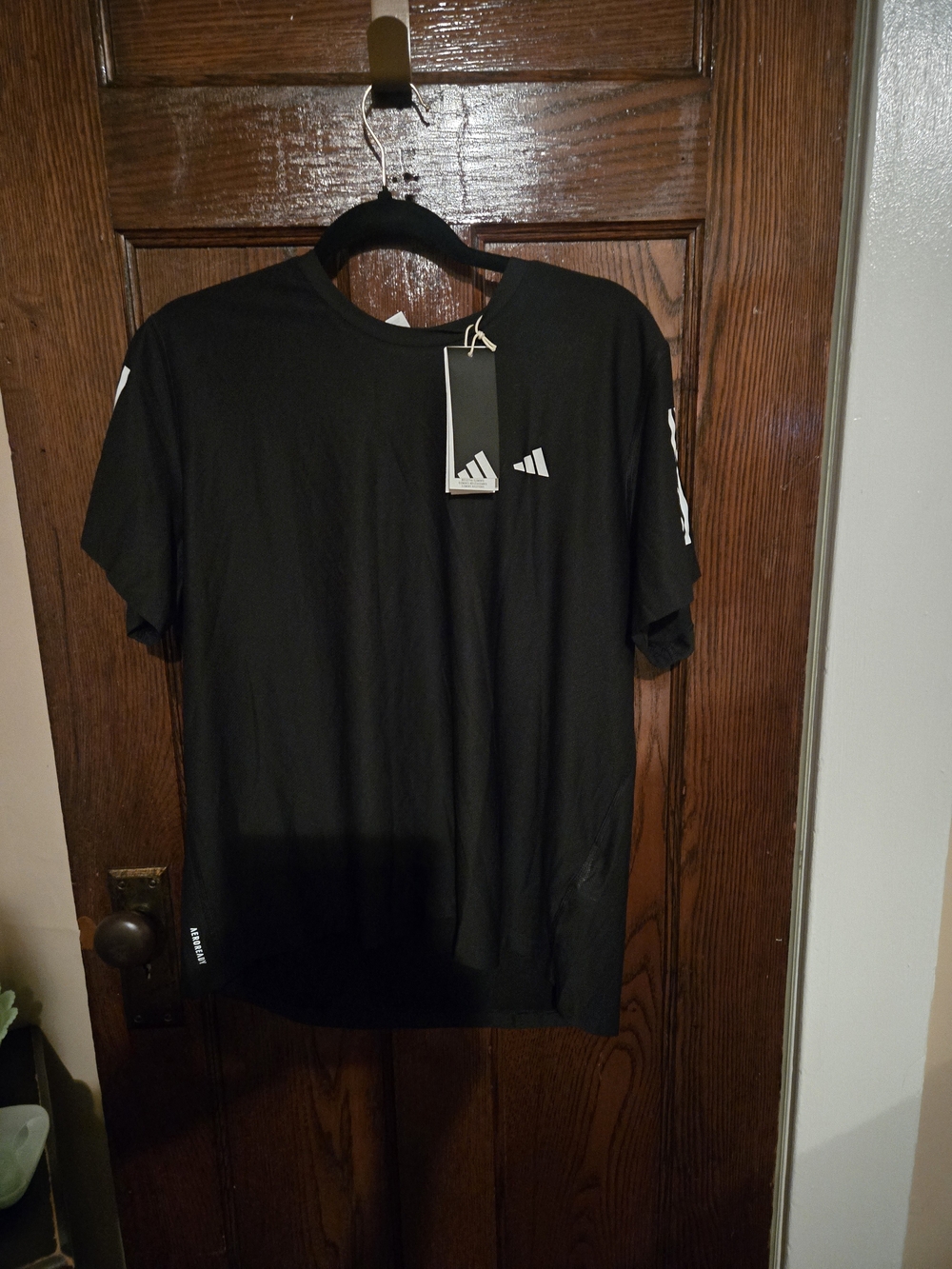 adidas Black Short Sleeve Tee with White Logos and Sleeve Stripes